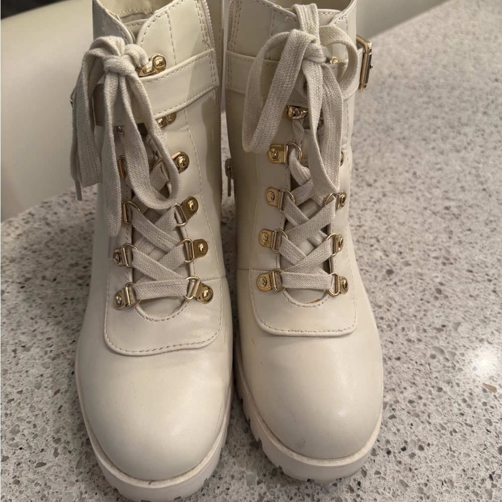 Like NEW Wild Pair Cream Lace-Up Boots with Gold Accents